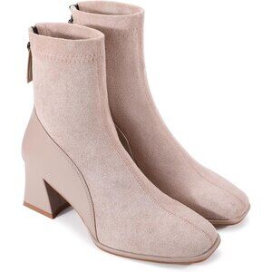 Women's Apricot Square Toe Low Block Heel Chelsea Back Zipper Mid Calf Booties